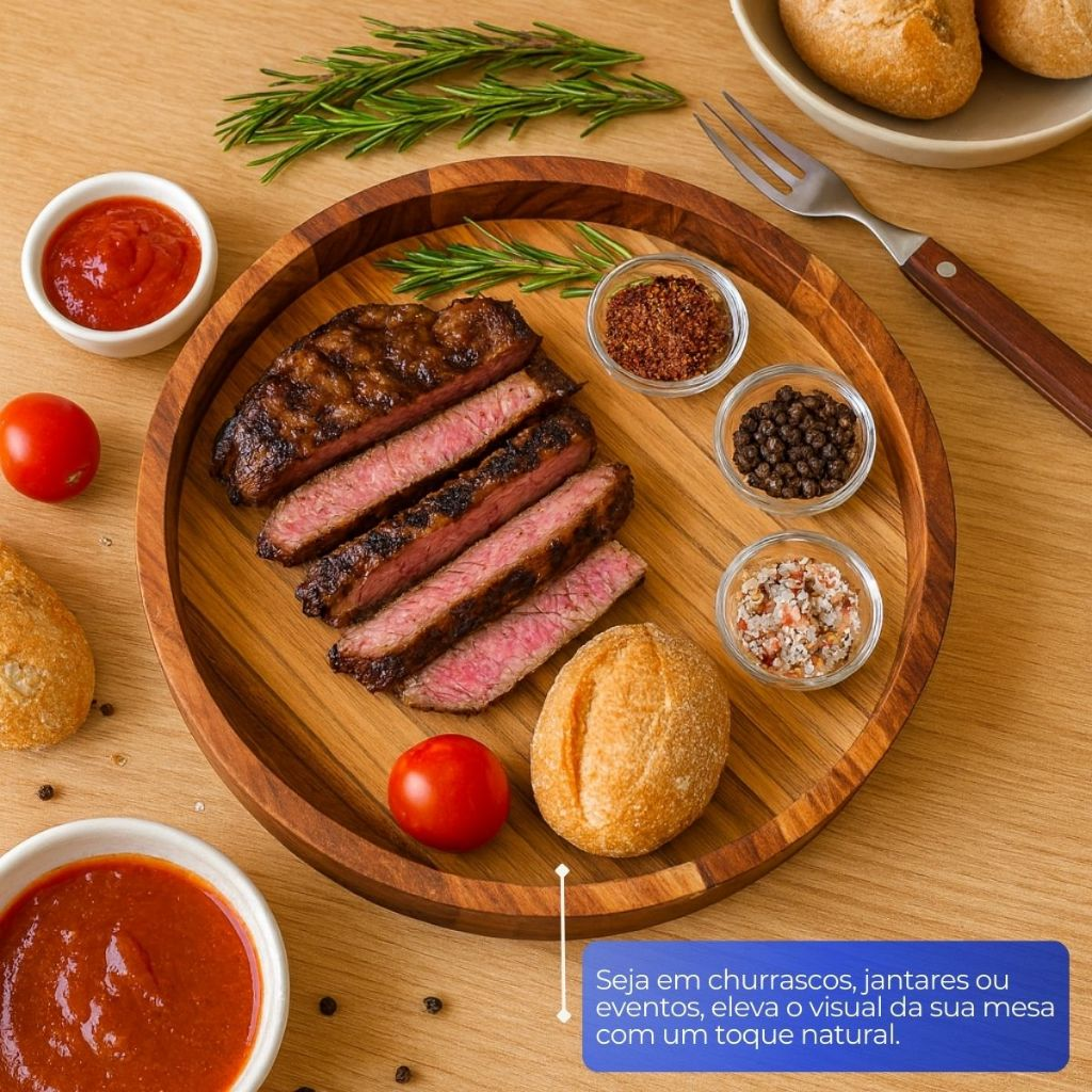 Gamela em Madeira para Churrasco, Porções e Mesa Posta com Tampa de Vidro 30,5cm