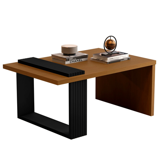 Mesa de Centro Retangular para Sala com Pés Ripados Apoio Lateral Decoração Moderna
