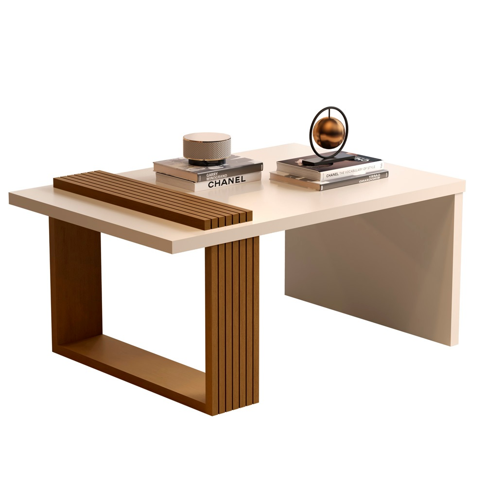 Mesa de Centro Retangular para Sala com Pés Ripados Apoio Lateral Decoração Moderna