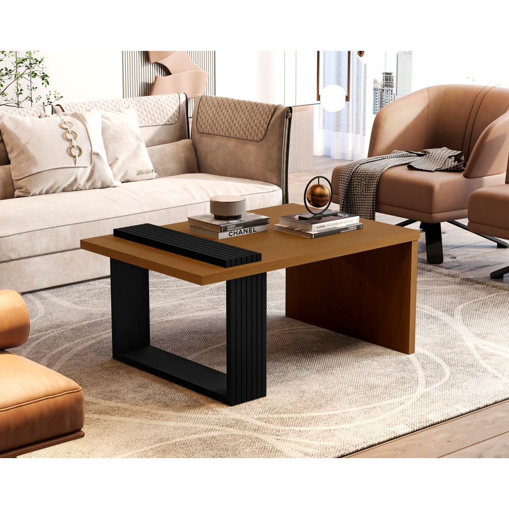 Mesa de Centro Retangular para Sala com Pés Ripados Apoio Lateral Decoração Moderna