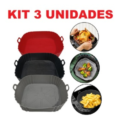 Kit 3 Formas de Silicone Quadrada 16x16cm Assadeira Air Fryer