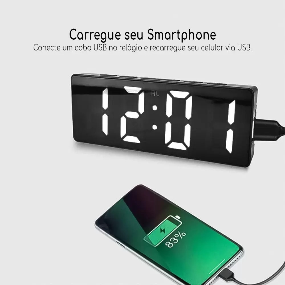 Relógio Despertador Digital De Mesa 16X2.5X6cm Decorativo Alarme Temperatura Pilha AAA Usb Preto