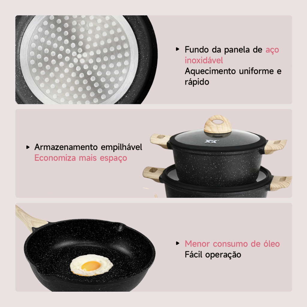 Jogo de Panelas 5 Peças Indução Gás Conjunto de Panelas Revestido em Cerâmica Granito Antiaderente Frigideira Caçarola
