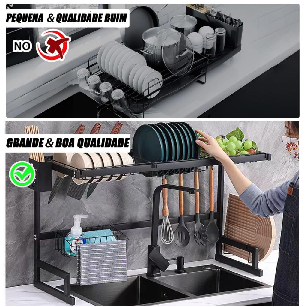 Escorredor Rack Aço Inoxidável 65cm Ajustável Organizador Louça Preto Suspenso Modular Cozinha