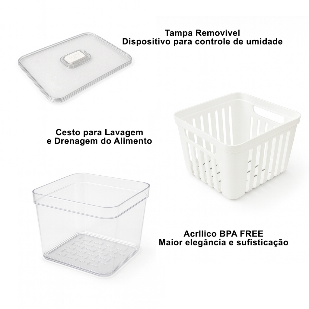 Kit Organizador de Geladeira 3.8 Litros Cesto Com Tampa Multiuso Alimentos Verduras e Vegetais