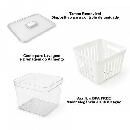 Kit Organizador de Geladeira 3.8 Litros Cesto Com Tampa Multiuso Alimentos Verduras e Vegetais