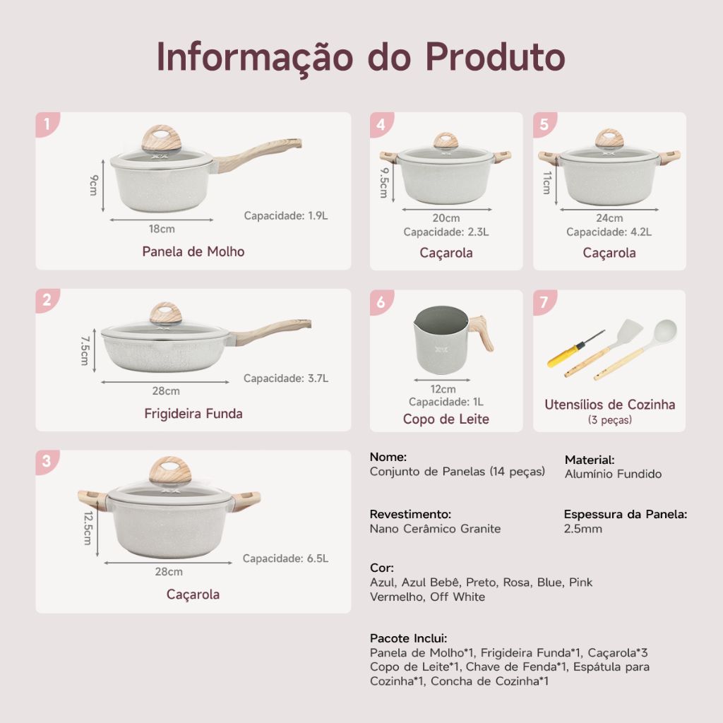 Jogo de Panelas 5 Peças Indução Gás Conjunto de Panelas Revestido em Cerâmica Granito Antiaderente Frigideira Caçarola