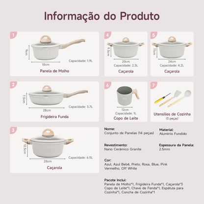 Jogo de Panelas 5 Peças Indução Gás Conjunto de Panelas Revestido em Cerâmica Granito Antiaderente Frigideira Caçarola