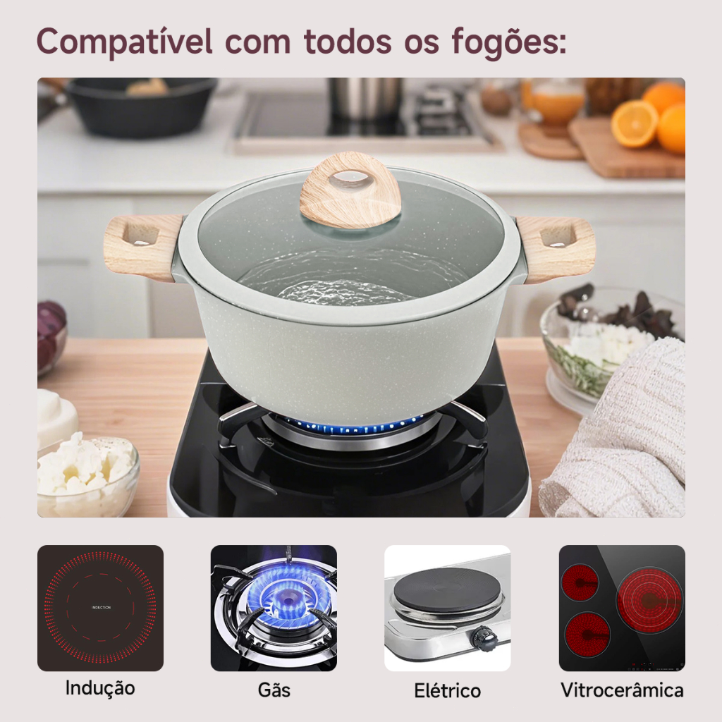 Jogo de Panelas 5 Peças Indução Gás Conjunto de Panelas Revestido em Cerâmica Granito Antiaderente Frigideira Caçarola
