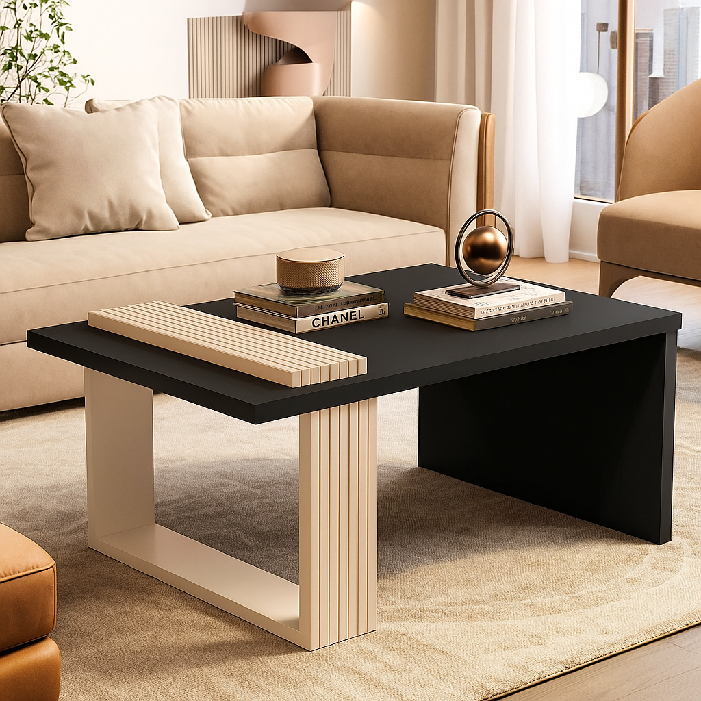 Mesa de Centro Retangular para Sala com Pés Ripados Apoio Lateral Decoração Moderna