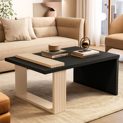 Mesa de Centro Retangular para Sala com Pés Ripados Apoio Lateral Decoração Moderna