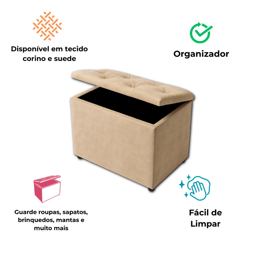 Baú Retangular Banquinho Suede e Corino Decorativo Guarda Objetos Organizador Puff Pufe