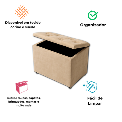 Baú Retangular Banquinho Suede e Corino Decorativo Guarda Objetos Organizador Puff Pufe