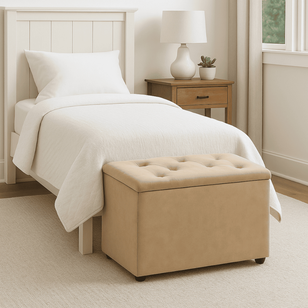 Baú Retangular Banquinho Suede e Corino Decorativo Guarda Objetos Organizador Puff Pufe