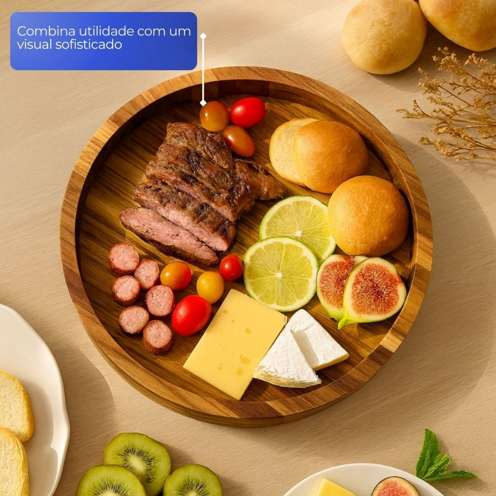 Gamela em Madeira para Churrasco, Porções e Mesa Posta com Tampa de Vidro 30,5cm
