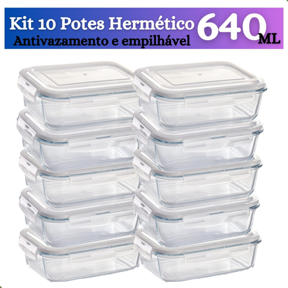 Kit de 6 até 12 Potes de Vidro 640ml - 370 ml Hermético Marmita Fit com Tampa