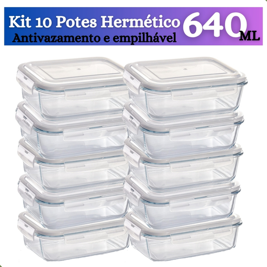 Kit de 6 até 12 Potes de Vidro 640ml - 370 ml Hermético Marmita Fit com Tampa