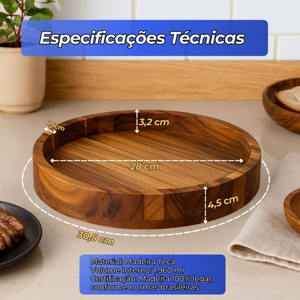Gamela em Madeira para Churrasco, Porções e Mesa Posta com Tampa de Vidro 30,5cm