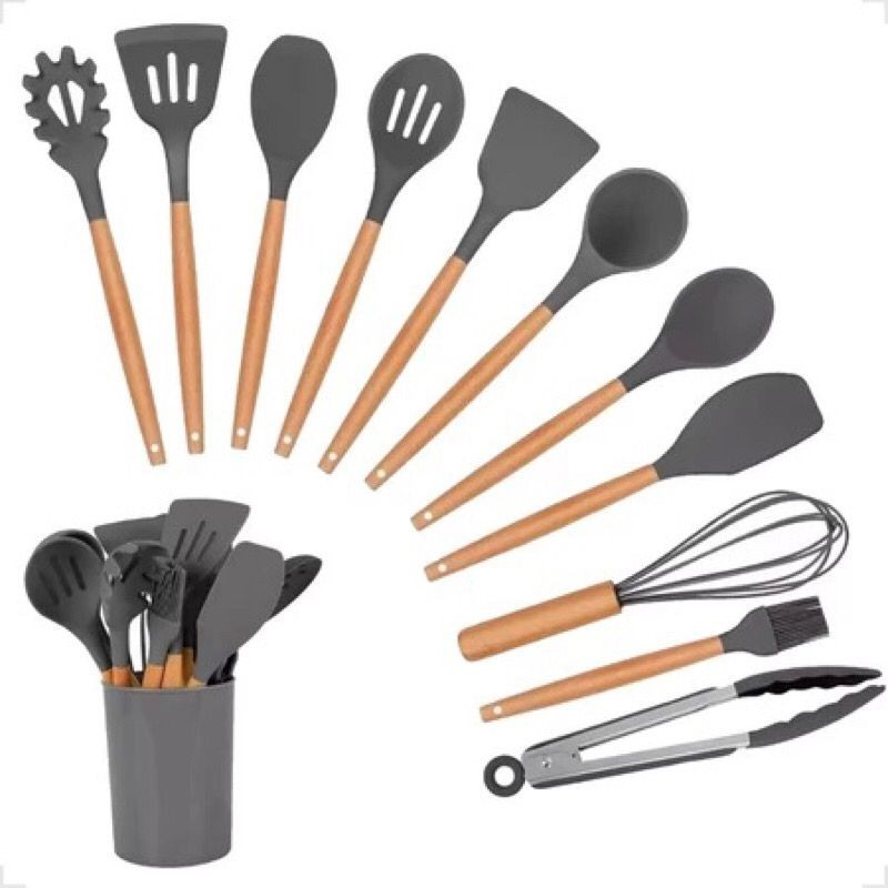 Kit Completo Jogo Utensílios de Cozinha Luxo 19 Peças Com Tábua em Silicone Espátula Faca Tesoura TOP