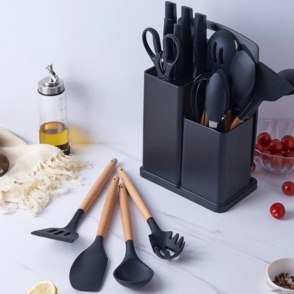 Kit Completo Jogo Utensílios de Cozinha Luxo 19 Peças Com Tábua em Silicone Espátula Faca Tesoura TOP