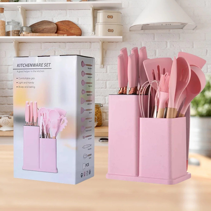 Kit Completo Jogo Utensílios de Cozinha Luxo 19 Peças Com Tábua em Silicone Espátula Faca Tesoura TOP