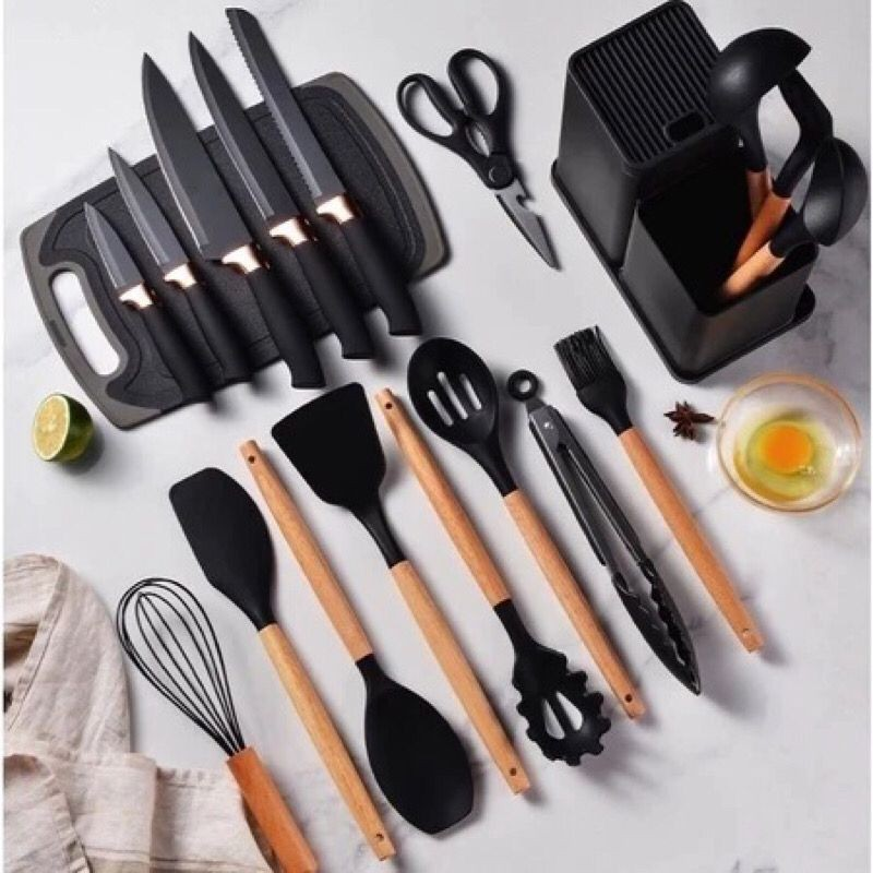 Kit Completo Jogo Utensílios de Cozinha Luxo 19 Peças Com Tábua em Silicone Espátula Faca Tesoura TOP