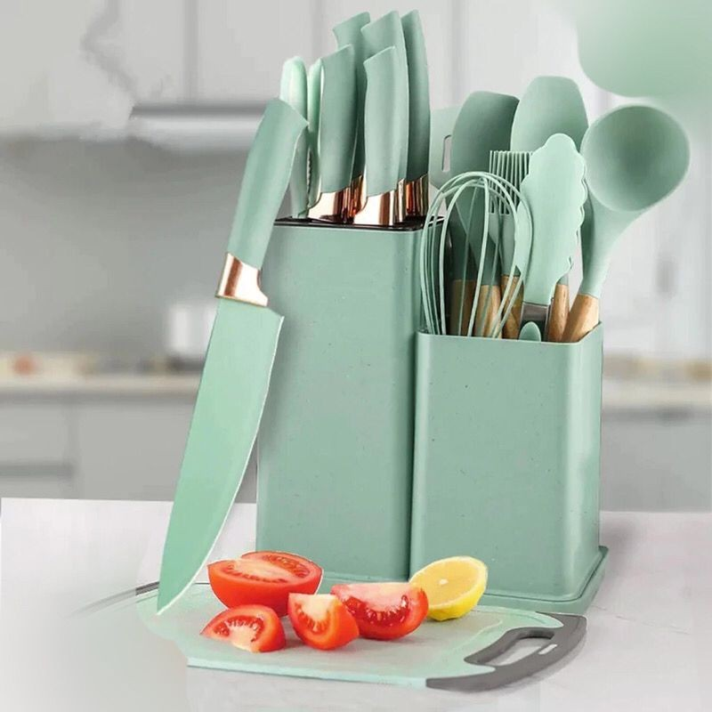 Kit Completo Jogo Utensílios de Cozinha Luxo 19 Peças Com Tábua em Silicone Espátula Faca Tesoura TOP