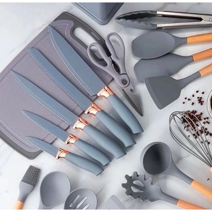 Kit Completo Jogo Utensílios de Cozinha Luxo 19 Peças Com Tábua em Silicone Espátula Faca Tesoura TOP