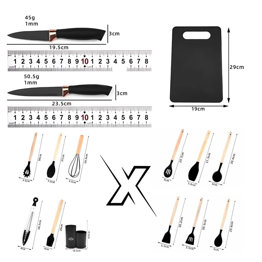 Kit Completo Jogo Utensílios de Cozinha Luxo 19 Peças Com Tábua em Silicone Espátula Faca Tesoura TOP