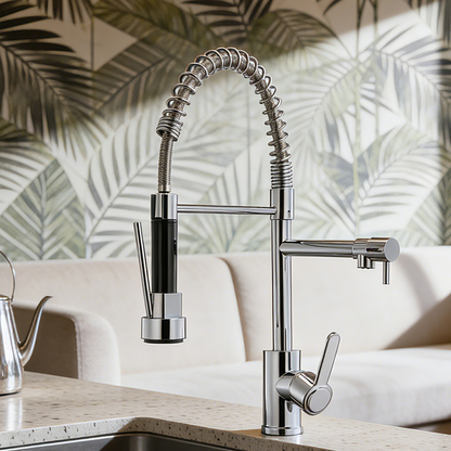 Torneira De Cozinha Gourmet Alça Única Com Extensor De Spray Tubo De Água Flexível Superior Prateado Para Ajuste