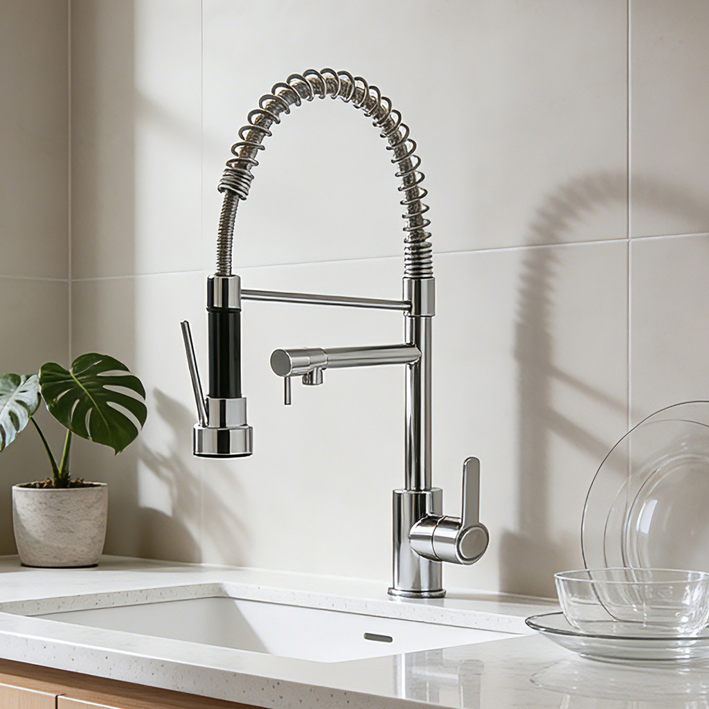 Torneira De Cozinha Gourmet Alça Única Com Extensor De Spray Tubo De Água Flexível Superior Prateado Para Ajuste